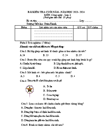 Đề kiểm tra cuối năm môn Công nghệ 4 - Năm học 2023-2024 - Trường Tiểu học Xuân Thành (Có đáp án + Ma trận)
