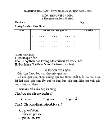 Đề kiểm tra cuối năm môn Tiếng Việt 1 - Năm học 2023-2024 - Trường Tiểu học Xuân Thành (Có đáp án)