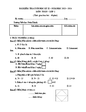 Đề kiểm tra cuối năm môn Toán 1 - Năm học 2023-2024 - Trường Tiểu học Xuân Thành (Có đáp án + Ma trận)