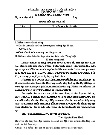 Đề kiểm tra định kì môn Tiếng Việt 5 - Năm học 2021-2022 - Trường Tiểu học Xuân Phổ (Có đáp án + Ma trận)