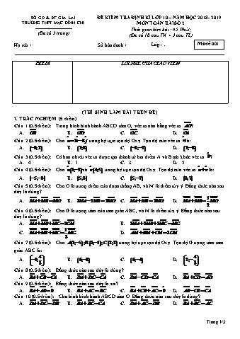 Đề kiểm tra định kì môn Toán 10 - Bài 2, Đề 1 - Năm học 2018-2019 - Trường THPT Mạc Đĩnh Chi (Có đáp án)