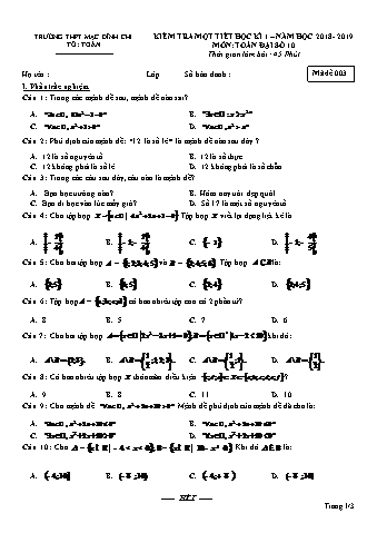Đề kiểm tra định kì môn Toán 10 (Đại số) - Đề 3 - Năm học 2018-2019 - Trường THPT Mạc Đĩnh Chi (Có đáp án)