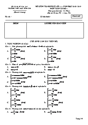 Đề kiểm tra định kì môn Toán 11 - Đề 7 - Năm học 2018-2019 - Trường THPT Mạc Đĩnh Chi (Có đáp án)