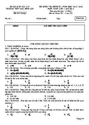 Đề kiểm tra định kì Toán 11 - Đề 1 - Năm học 2019-2020 - Trường THPT Mạc Đĩnh Chi (Có đáp án + Ma trận)