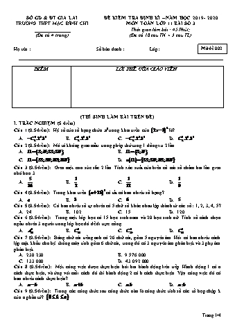 Đề kiểm tra định kì Toán 11 - Đề 2 - Năm học 2019-2020 - Trường THPT Mạc Đĩnh Chi (Có đáp án + Ma trận)