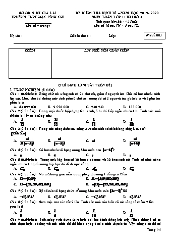 Đề kiểm tra định kì Toán 11 - Đề 3 - Năm học 2019-2020 - Trường THPT Mạc Đĩnh Chi (Có đáp án + Ma trận)