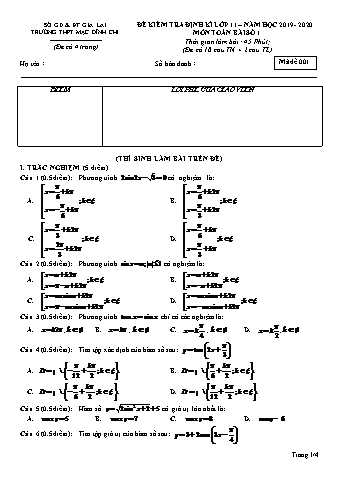 Đề kiểm tra định kì Toán lớp 11 - Đề 1 - Năm học 2019-2020 - Trường THPT Mạc Đĩnh Chi (Có đáp án)