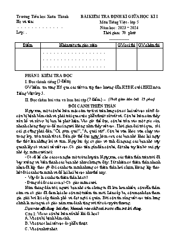 Đề kiểm tra giữa học kì 1 môn Tiếng Việt 5 - Năm học 2023-2024 - Trường Tiểu học Xuân Thành (Có đáp án + Ma trận)