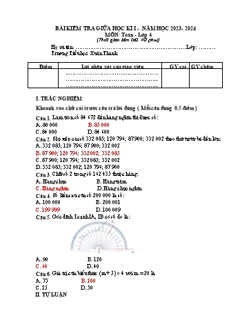 Đề kiểm tra giữa học kì 1 môn Toán 4 - Năm học 2023-2024 - Trường Tiểu học Xuân Thành (Có đáp án + Ma trận)