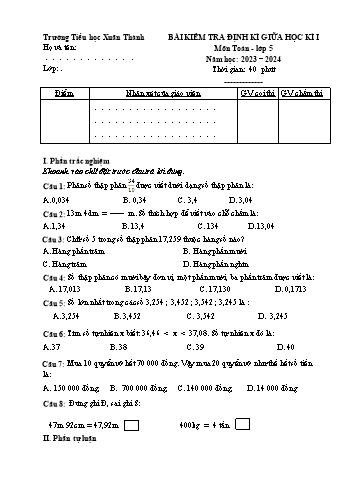 Đề kiểm tra giữa học kì 1 môn Toán 5 - Năm học 2023-2024 - Trường Tiểu học Xuân Thành (Có đáp án + Ma trận)