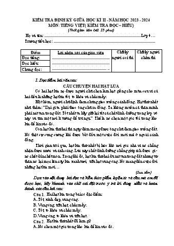 Đề kiểm tra giữa học kì 2 môn Tiếng Việt 4 - Năm học 2023-2024 - Trường Tiểu học Xuân Thành (Có đáp án + Ma trận)