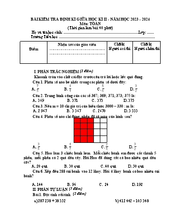 Đề kiểm tra giữa học kì 2 môn Toán 4 - Năm học 2023-2024 - Trường Tiểu học Xuân Thành (Có đáp án + Ma trận)