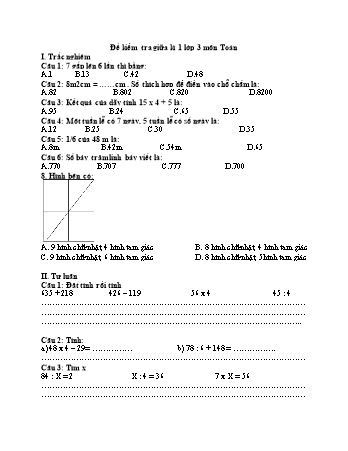 Đề kiểm tra giữa kì 1 môn Toán + Tiếng Việt 3