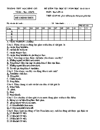 Đề kiểm tra học kì 1 Địa lí Lớp 10 - Đề 101 - Năm học 2018-2019 - Trường THPT Mạc Đĩnh Chi
