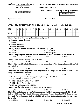 Đề kiểm tra học kì 1 Hóa học 10 - Đề 3 - Năm học 2019-2020 - Trường THPT Mạc Đĩnh Chi (Có đáp án + Ma trận)
