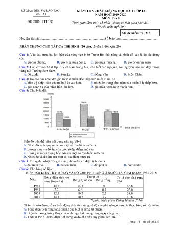 Đề kiểm tra học kì 1 môn Địa lí 12 - Đề 213 - Năm học 2019-2020 - SGD&ĐT Gia Lai (Có đáp án)