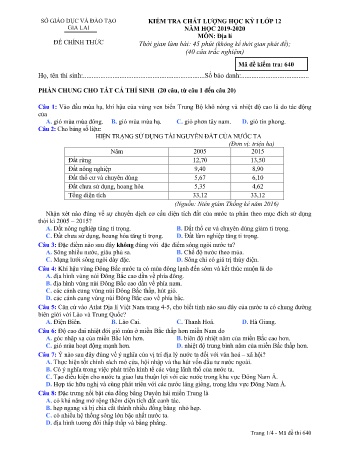 Đề kiểm tra học kì 1 môn Địa lí 12 - Đề 640 - Năm học 2019-2020 - SGD&ĐT Gia Lai (Có đáp án)