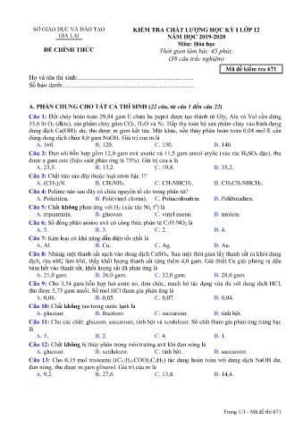 Đề kiểm tra học kì 1 môn Hóa học 12 - Đề 671 - Năm học 2019-2020 - SGD&ĐT Gia Lai (Có đáp án)