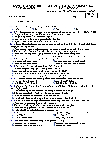 Đề kiểm tra học kì 1 môn Lịch sử 11 - Đề 209 - Năm học 2019-2020 - Trường THPT Mạc Đĩnh Chi (Có đáp án + Ma trận)