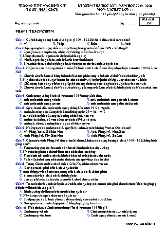 Đề kiểm tra học kì 1 môn Lịch sử 11 - Đề 357 - Năm học 2019-2020 - Trường THPT Mạc Đĩnh Chi (Có đáp án)