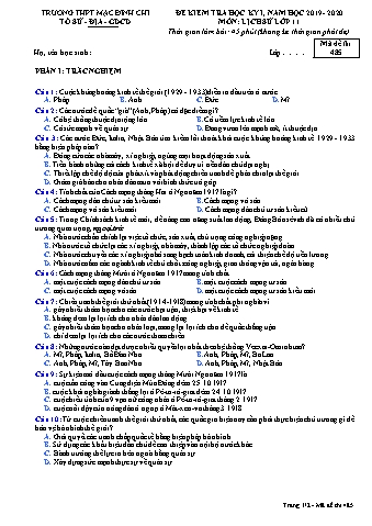 Đề kiểm tra học kì 1 môn Lịch sử 11 - Đề 485 - Năm học 2019-2020 - Trường THPT Mạc Đĩnh Chi (Có đáp án)