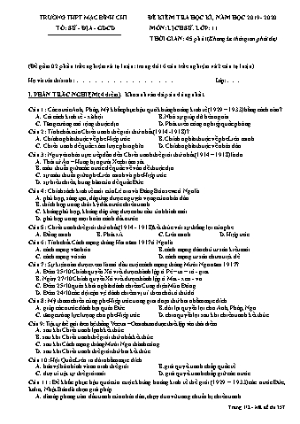 Đề kiểm tra học kì 1 môn Lịch sử Lớp 11 - Đề 357 - Năm học 2019-2020 - Trường THPT Mạc Đĩnh Chi (Có đáp án + Ma trận)
