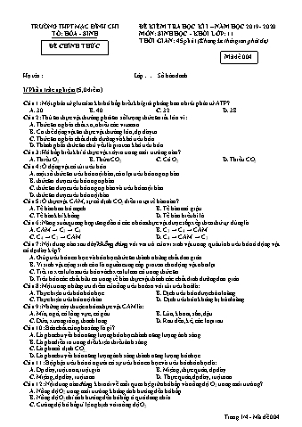 Đề kiểm tra học kì 1 môn Sinh học 11 - Đề 4 - Năm học 2019-2020 - Trường THPT Mạc Đĩnh Chi (Có đáp án + Ma trận)