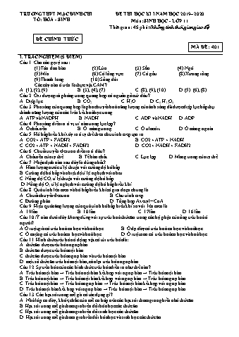 Đề kiểm tra học kì 1 môn Sinh học 11 - Năm học 2019-2020 - Trường THPT Mạc Đĩnh Chi (Có đáp án)