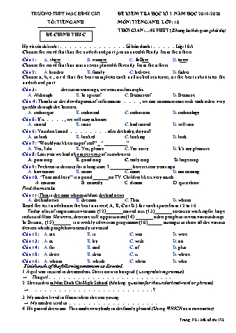 Đề kiểm tra học kì 1 môn Tiếng Anh 10 - Đề 132 - Năm học 2019-2020 - Trường THPT Mạc Đĩnh Chi (Có đáp án + Ma trận)
