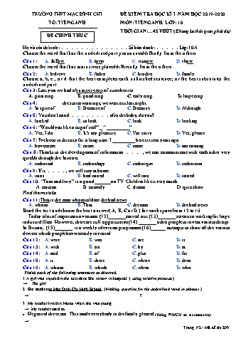 Đề kiểm tra học kì 1 môn Tiếng Anh 10 - Đề 209 - Năm học 2019-2020 - Trường THPT Mạc Đĩnh Chi (Có đáp án + Ma trận)