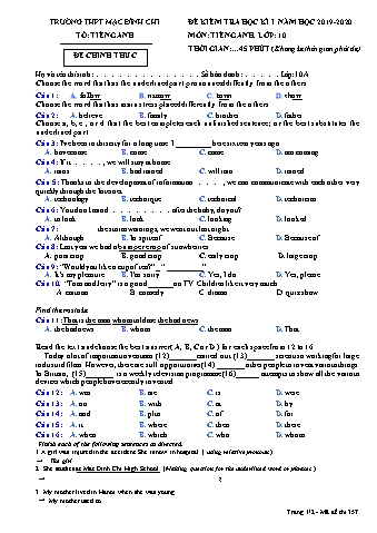 Đề kiểm tra học kì 1 môn Tiếng Anh 10 - Đề 357 - Năm học 2019-2020 - Trường THPT Mạc Đĩnh Chi (Có đáp án + Ma trận)