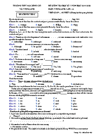 Đề kiểm tra học kì 1 môn Tiếng Anh  10 - Đề 485 - Năm học 2019-2020 - Trường THPT Mạc Đĩnh Chi (Có đáp án + Ma trận)