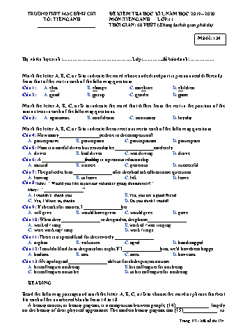 Đề kiểm tra học kì 1 môn Tiếng Anh 11 - Đề 134 - Năm học 2019-2020 - Trường THPT Mạc Đĩnh Chi (Có đáp án + Ma trận)