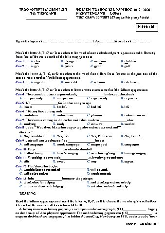 Đề kiểm tra học kì 1 môn Tiếng Anh 11 - Đề 135 - Năm học 2019-2020 - Trường THPT Mạc Đĩnh Chi (Có đáp án + Ma trận)