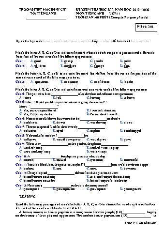Đề kiểm tra học kì 1 môn Tiếng Anh 11 - Đề 210 - Năm học 2019-2020 - Trường THPT Mạc Đĩnh Chi (Có đáp án + Ma trận)