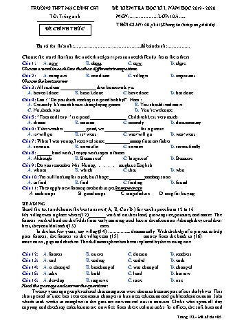 Đề kiểm tra học kì 1 môn Tiếng Anh Lớp 10 - Đề 485 - Năm học 2019-2020 - Trường THPT Mạc Đĩnh Chi (Có đáp án + Ma trận)
