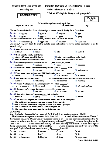 Đề kiểm tra học kì 1 môn Tiếng Anh Lớp 11 - Đề 210 - Năm học 2019-2020 - Trường THPT Mạc Đĩnh Chi