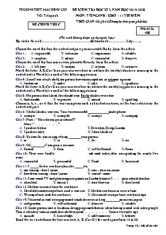 Đề kiểm tra học kì 1 môn Tiếng Anh Lớp 11 (Hệ 10 năm) - Bài 1, Đề 485 - Năm học 2019-2020 - Trường THPT Mạc Đĩnh Chi