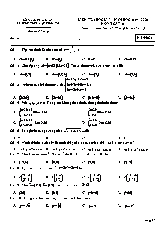 Đề kiểm tra học kì 1 môn Toán 10 - Đề 2 - Năm học 2019-2020 - Trường THPT Mạc Đĩnh Chi (Có đáp án)
