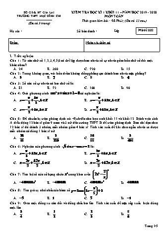 Đề kiểm tra học kì 1 Toán lớp 11 - Đề 2 - Năm học 2019-2020 - Trường THPT Mạc Đĩnh Chi (Có đáp án)