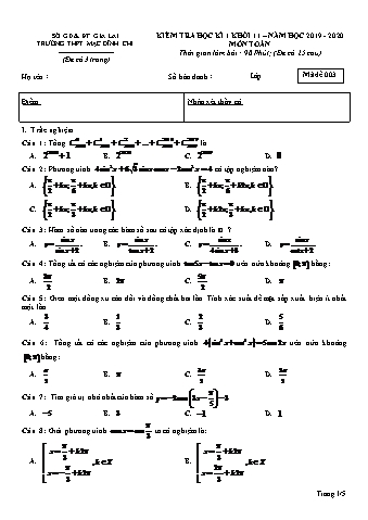 Đề kiểm tra học kì 1 Toán lớp 11 - Đề 3 - Năm học 2019-2020 - Trường THPT Mạc Đĩnh Chi (Có đáp án)