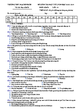 Đề kiểm tra học kì 2 Giáo dục công dân 10 - Đề 209 - Năm học 2018-2019 - Trường THPT Mạc Đĩnh Chi (Có đáp án + Ma trận)