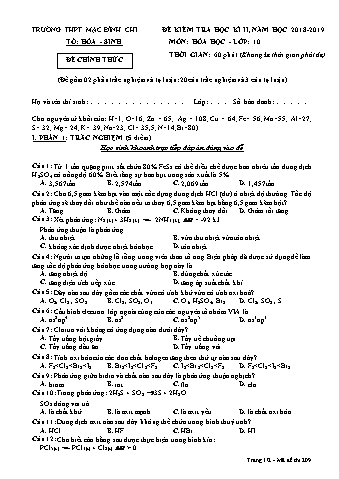 Đề kiểm tra học kì 2 môn Hóa học 10 - Đề 209 - Năm học 2018-2019 - Trường THPT Mạc Đĩnh Chi (Có đáp án + Ma trận)