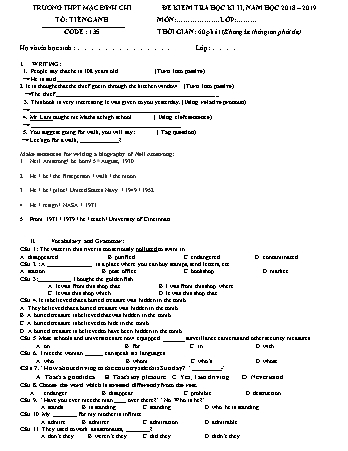 Đề kiểm tra học kì 2 môn Tiếng Anh 11 - Đề 135 - Năm học 2018-2019 - Trường THPT Mạc Đĩnh Chi (Có đáp án + Ma trận)