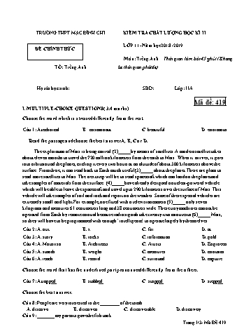 Đề kiểm tra học kì 2 môn Tiếng Anh 11 - Đề 419 - Năm học 2018-2019 - Trường THPT Mạc Đĩnh Chi (Có đáp án)