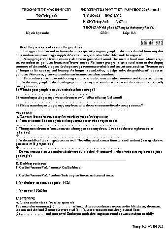 Đề kiểm tra học kì 2 môn Tiếng Anh 11 - Đề 532 - Năm học 2017-2018 - Trường THPT Mạc Đĩnh Chi (Có đáp án + Ma trận)