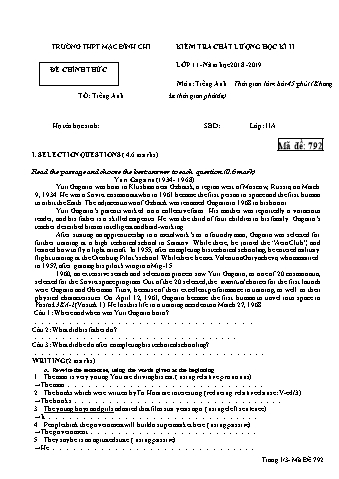 Đề kiểm tra học kì 2 môn Tiếng Anh 11 - Đề 792 - Năm học 2018-2019 - Trường THPT Mạc Đĩnh Chi (Có đáp án)