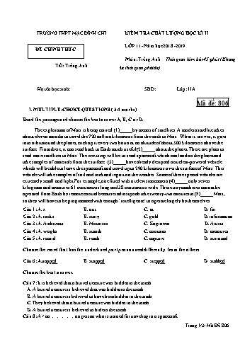 Đề kiểm tra học kì 2 môn Tiếng Anh 11 - Đề 806 - Năm học 2018-2019 - Trường THPT Mạc Đĩnh Chi (Có đáp án)