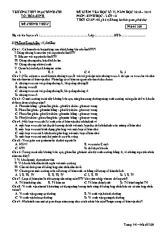 Đề kiểm tra học kì 2 Sinh học 10 - Đề 209 - Năm học 2018-2019 - Trường THPT Mạc Đĩnh Chi (Có đáp án + Ma trận)