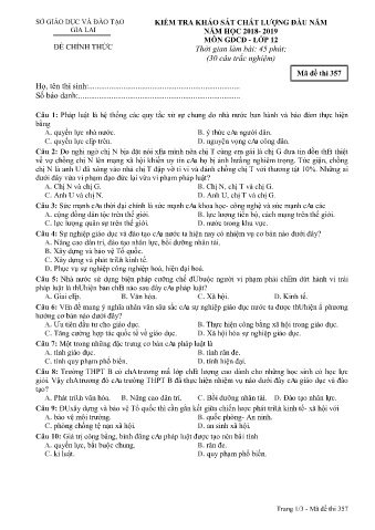 Đề kiểm tra khảo sát chất lượng đầu năm môn Giáo dục công dân 12 - Năm học 2018-2019 - SGD&ĐT Gia Lai